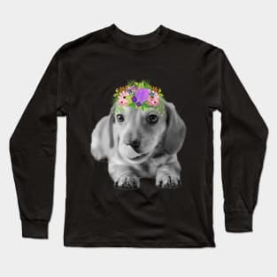 Dachshund Puppy with Floral Crown Long Sleeve T-Shirt